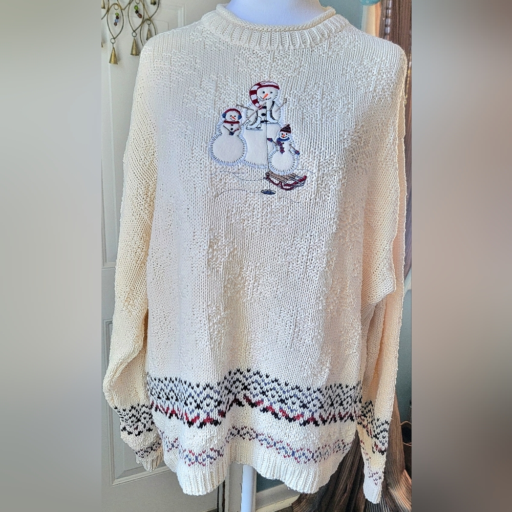 90s Grandma Sweater Womens XL Cream Snowman Embroidery & Snowflake Knit Cotton